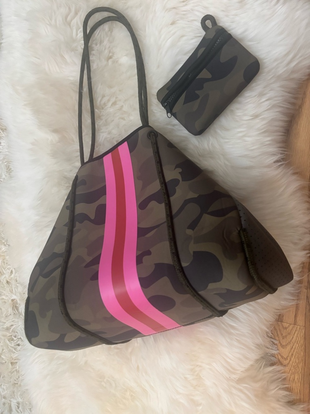 Camouflage Haute Shore Neoprene Tote with Pink Stripe with matching Wristlet